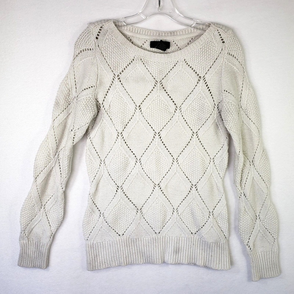 Rachel Roy Sweater Womens Small Cream Diamond Knit Cotton Eyelet Long Sleeve